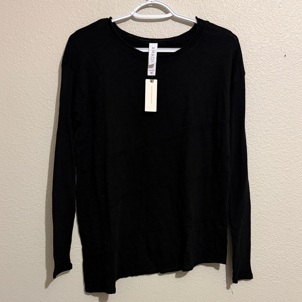 NWT Amadi Anthropologie Black Long Sleeve Cotton Asymmetric Hem Tee Size